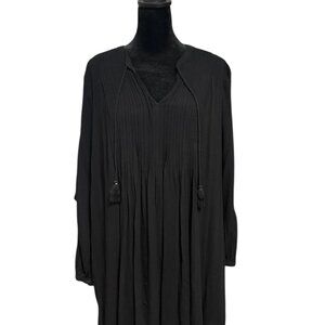 Vintage Old Navy Black Boho Mini Dress | Tassel Tie Neck & Long Sleeves | Size M